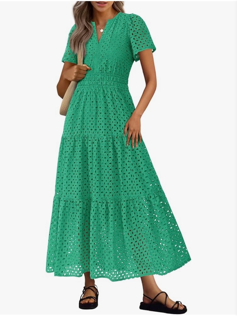 Tiered Green Eyelet Maxi Dress with Short Sleeves - NWT - Small